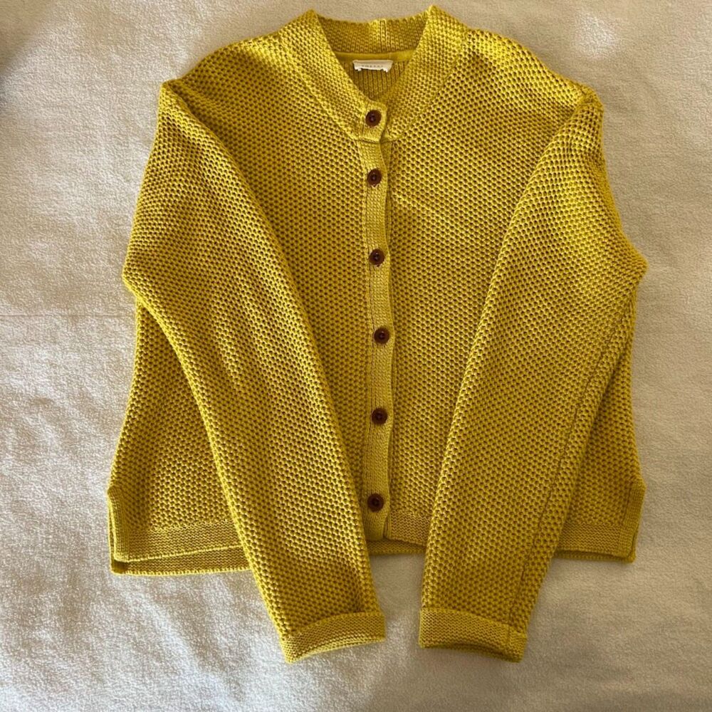 Poetry Women Cardigan Yellow Cotton Basket-Stitch Knit Minimalist Cottage, Sz 8